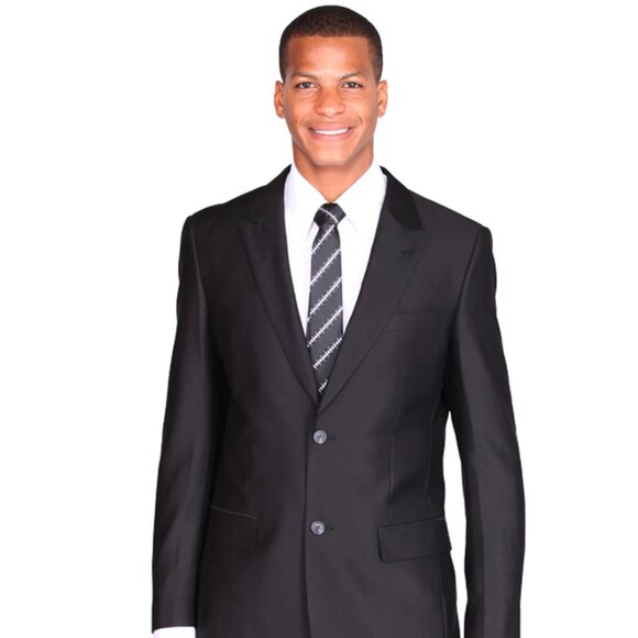 Mens 2 Button Peak Lapel Shiny Sharkskin Suit in Black - Picture 1 of 2